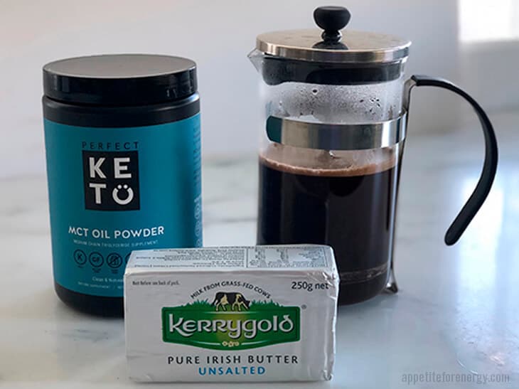 Bulletproof coffee recipe ingredients - brewed coffee, MCT oil powder, butter