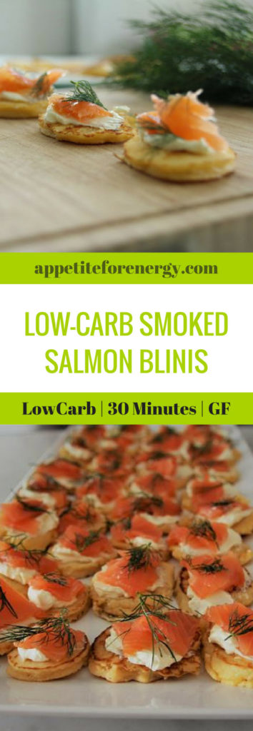 Low-Carb Smoked salmon Blinis on a serving board and on a serving platter