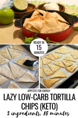 Lazy Low-Carb Torilla Chips in a red bowl and images showing how to make them