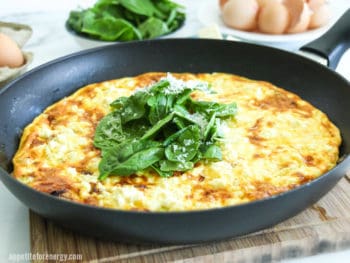 Low-Carb Bacon and Leek Frittata in a skillet with fresh spinach and grated parmesan on top. Bowl of spinach and eggs behind.