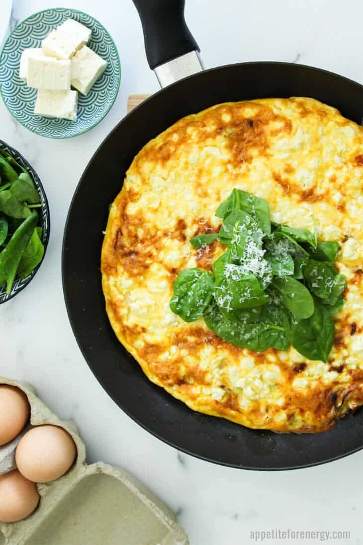 Low-Carb Bacon and Leek Frittatain a skillet with fresh spinach and grated parmesan on top. Bowl of spinach and eggs behind.