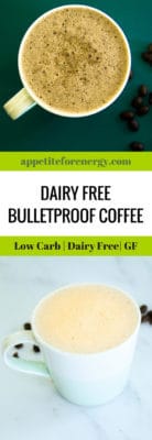 Cup of dairy free bulletproof coffee and some coffee beans