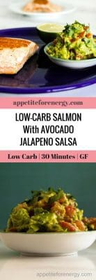 Pan fried salmon and a bowl of avocado jalapeno salsa
