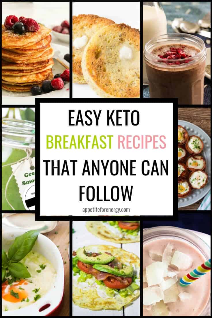 Collage of different low carb breakfasts such as pancakes and chia pudding