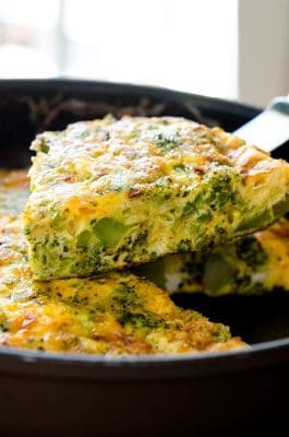 slice of broccoli cheddar frittata straight from the pan