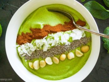 Green Keto Smoothie Bowl topped with macadamia nuts and chia seeds