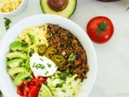 Low Carb Taco Burrito Bowl with avocado, tomato, cheese and chipotle