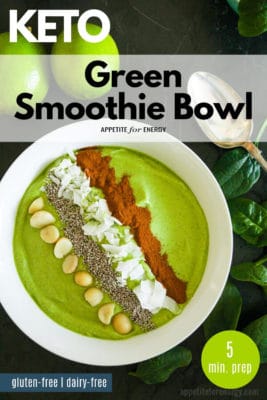 Green Keto Smoothie Bowl topped with macadamias & chia seeds