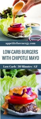 Pouring Chipotle Mayo onto a Low-Carb Burgers