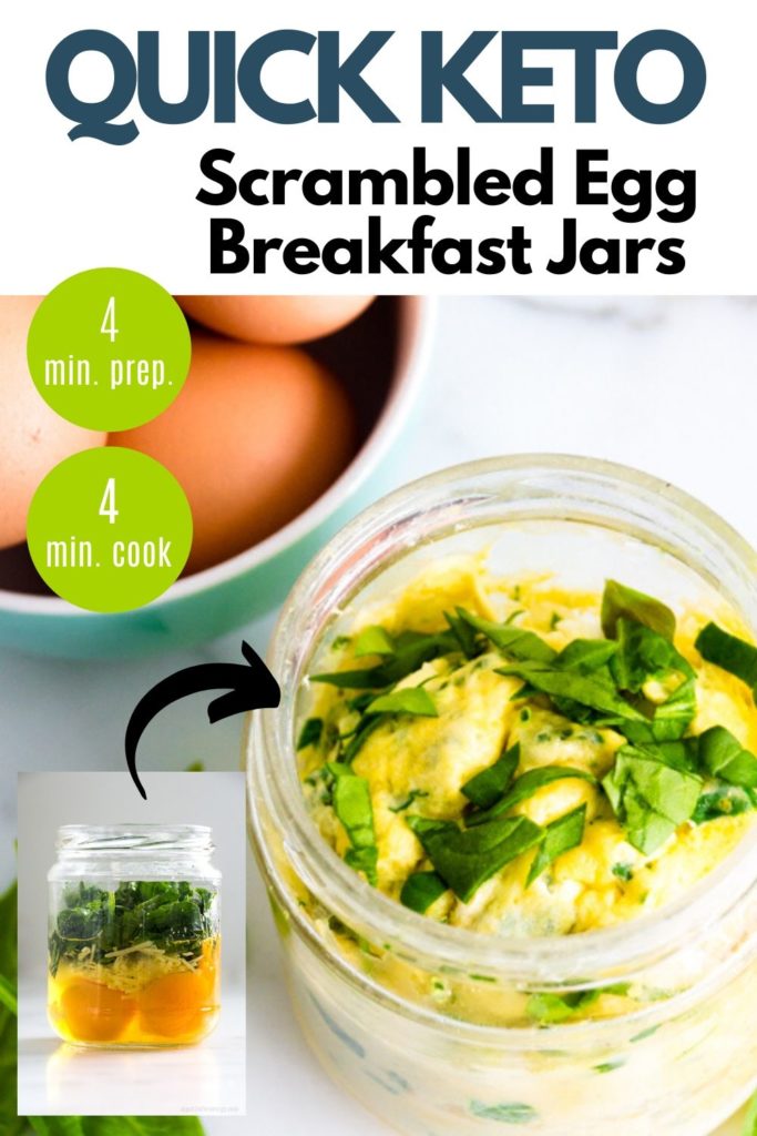 Jar with eggs, spinach and other ingredients and the scrambled eggs cooked