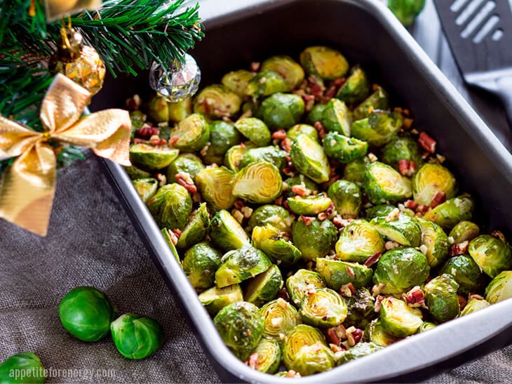 Low-Carb Easy Bacon Brussels Sprouts in the baking tray with holiday decorations