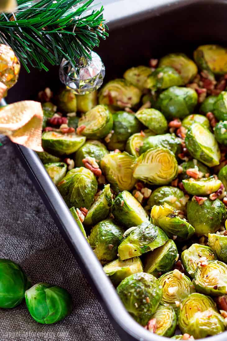 Low-Carb Easy Bacon Brussels Sprouts in the baking tray with holiday decorations