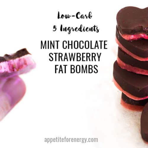 Low-Carb Mint Chocolate Strawberry Fat Bombs in a stack and a hand holding a fat bomb with bite