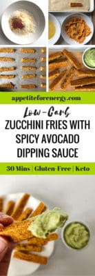 Crumbing the Zucchini Fries and the cooked fries with Spicy Avocado Dipping Sauce