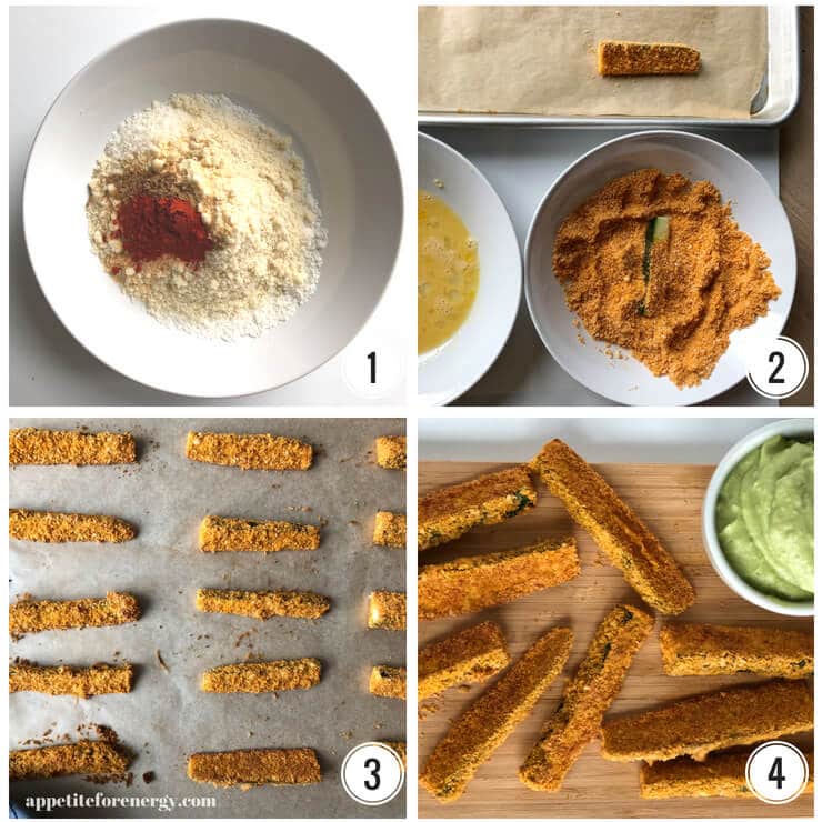 Collage showing steps to make zucchini fries - the bowl with crumb & spices, bowls of egg and crumb, fries cooked on oven tray, cooked Zucchini Fries with sauce