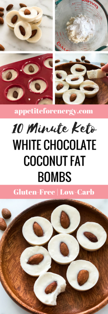 Keto White Chocolate Coconut Fat Bombs - ingredients in bowl, fat bombs setting in molds