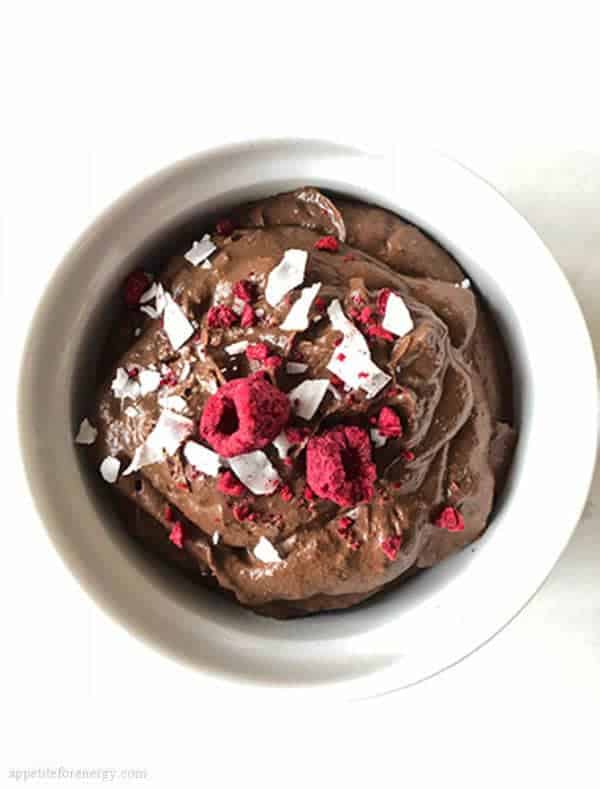 Keto Chocolate Pudding in a white ramekin topped with coconut flakes and raspberries.