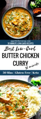 Low-Carb Butter Chicken Curry in a bow with spices and cauliflower rice