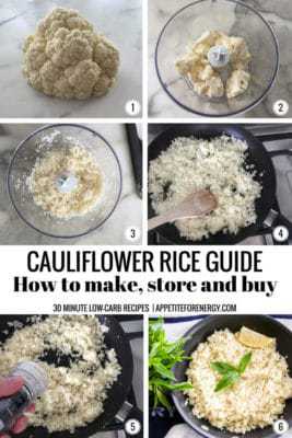 Collage showing 6 steps to making cauliflower rice. Whole cauliflower, florets in food processor, blitzed in food processor, cooking rice in skillet, adding salt and pepper, the finished rice in pan with lemon & mint.