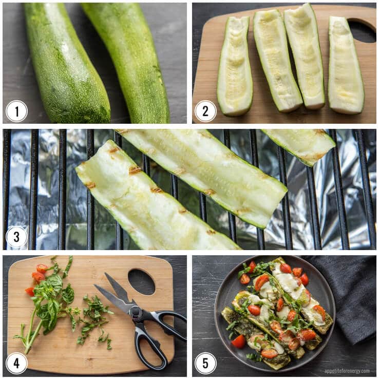 5 steps of images showing the raw zucchini, zucchini with flesh scooped out, cooking on the grill, prepping herbs & tomatoes, finished dish