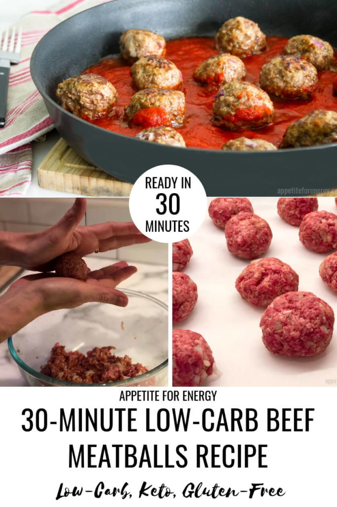 Low carb meatballs in skillet with sauce, rolling the meatballs by hand and meatballs ready to cook