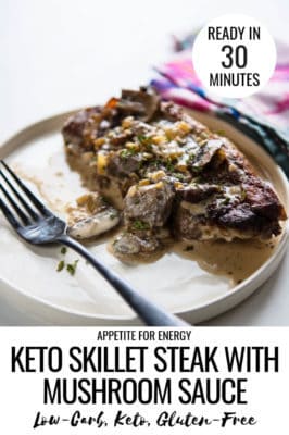 Keto Skillet Strip Steak with Mushroom Sauce on a white plate with fork