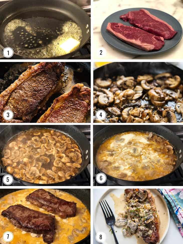 Steps by step images for making Keto Skillet Strip Steak with Mushroom Sauce