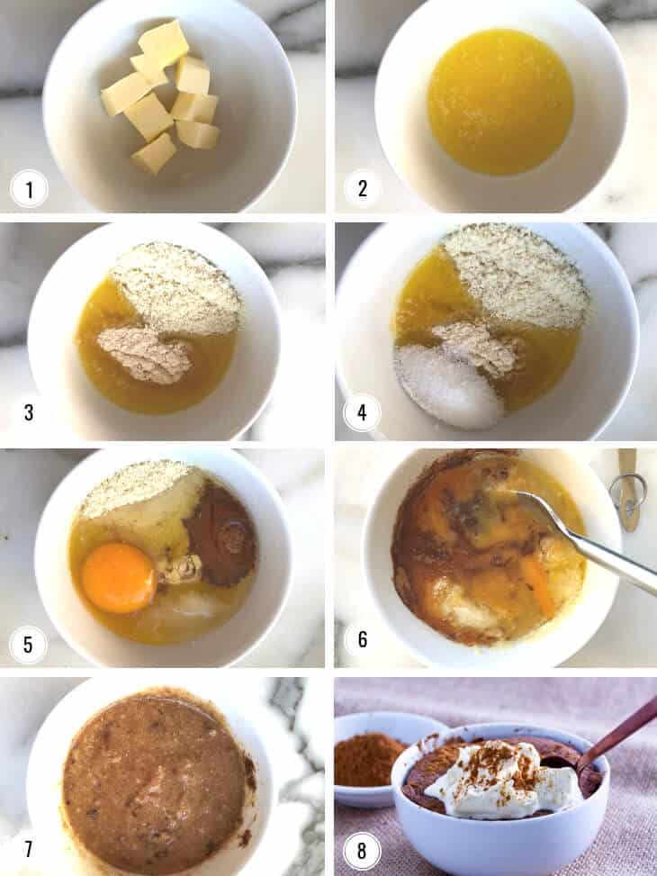 Steps by step images showing how to make Pumpkin Spice Keto Mug Cake