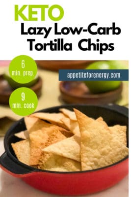 Low-Carb Tortilla Chips in a red bowl with lime