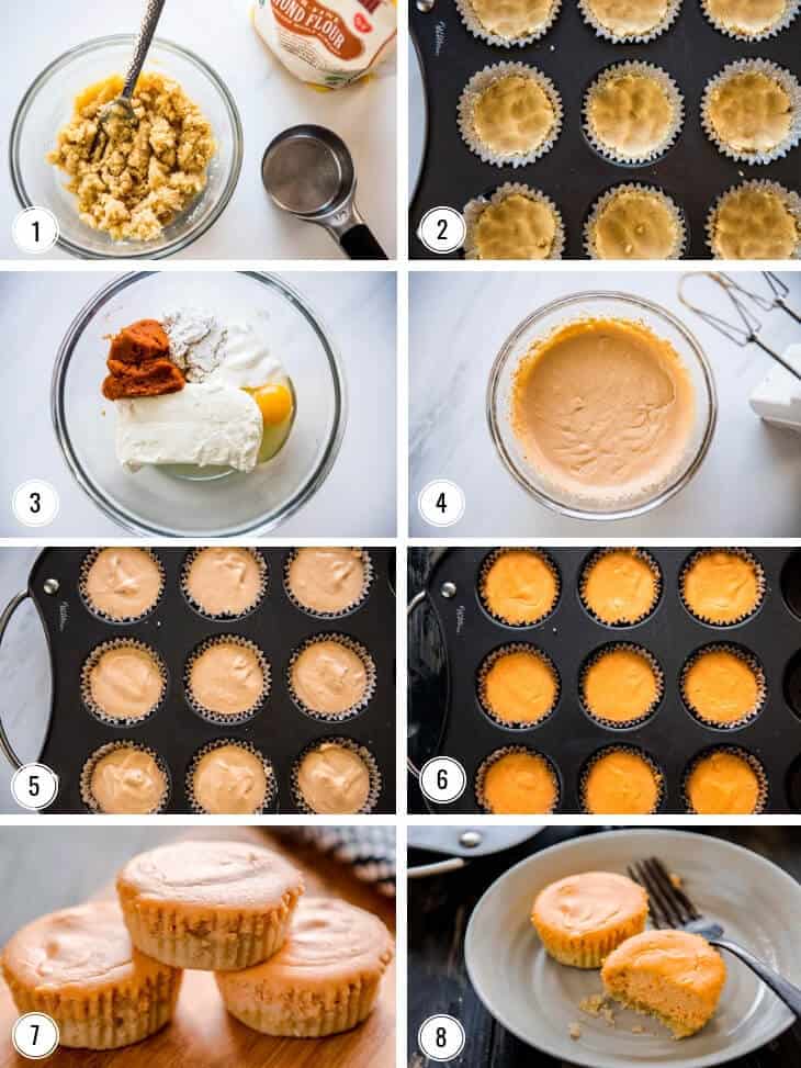 Collage showing Steps by step images for making EASY LOW-CARB PUMPKIN CHEESECAKE