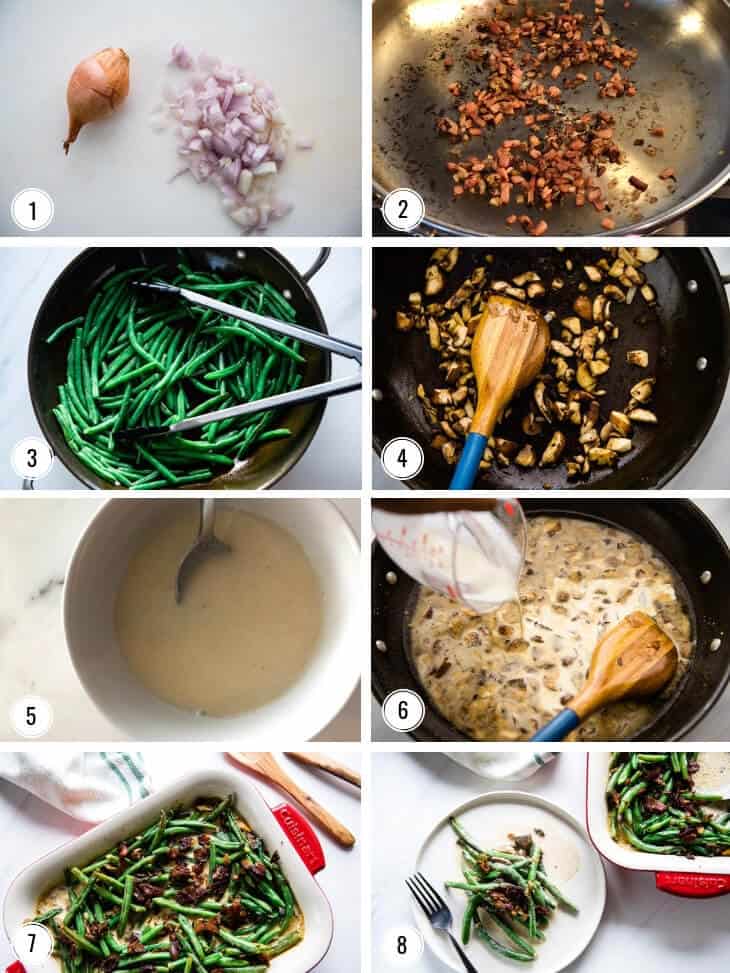 Image collage showing step by step how to make Sautéed Green Beans with Bacon Cream Sauce