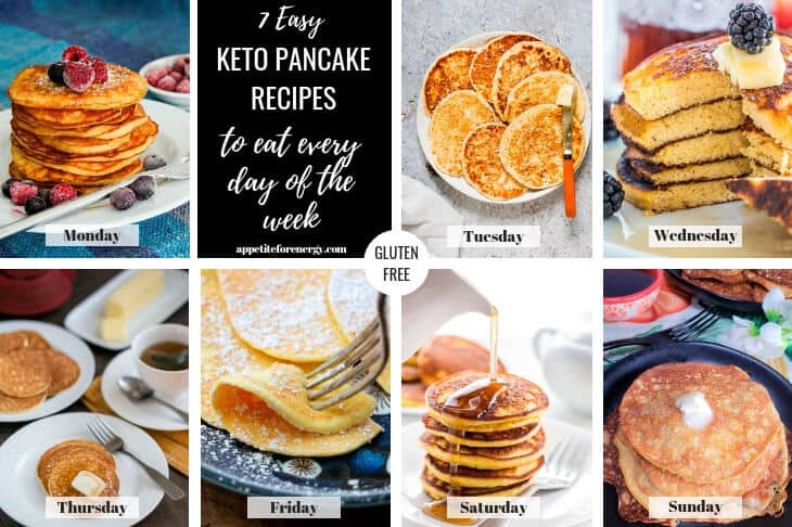 Collage showing each keto pancake recipe and the days of the week to eat them