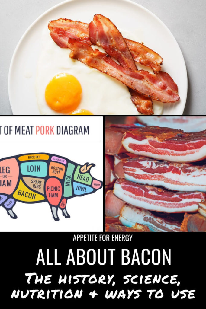 Bacon & eggs on a plate, diagram of pig and cuts of meat, stack of cured pork belly