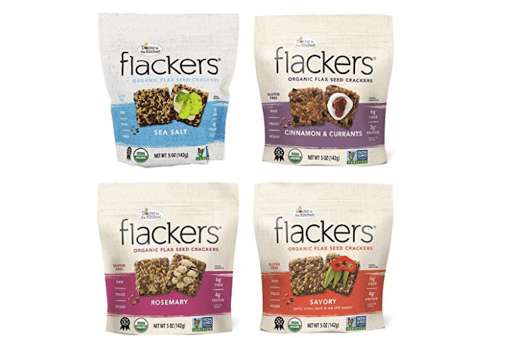 4 packets of Flackers flaxseed crackers in different flavors
