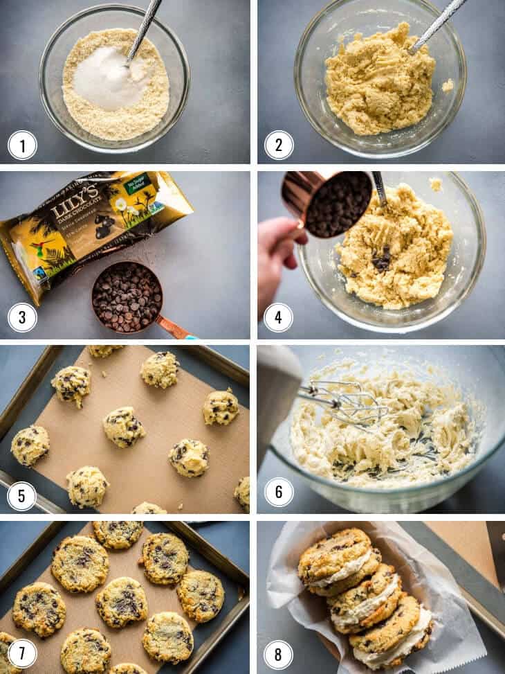 Collage showing steps by step how to make KETO CHOCOLATE CHIP COOKIE SANDWICHES