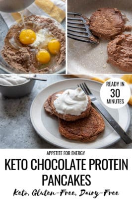 Steps to making Chocolate Protein Pancakes: bowl with ingredients, mixed and ready to eat on a white plate with cream