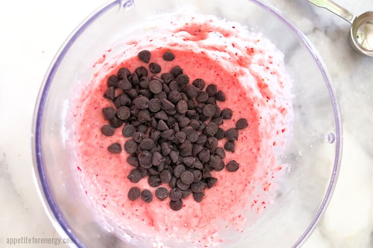 Sugar free chocolate chips added to blended keto icecream