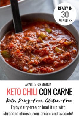 KETO Chili Con Carne in grey earthenware bowl for one with black spoon