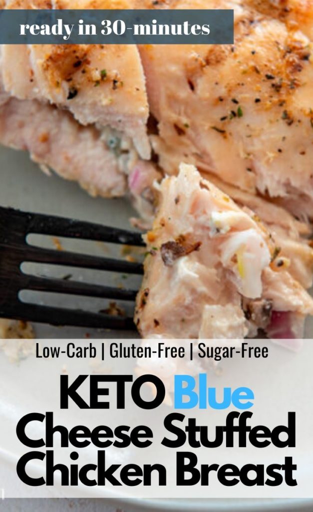A fork picking up KETO Grilled Mushroom Stuffed Chicken Breast