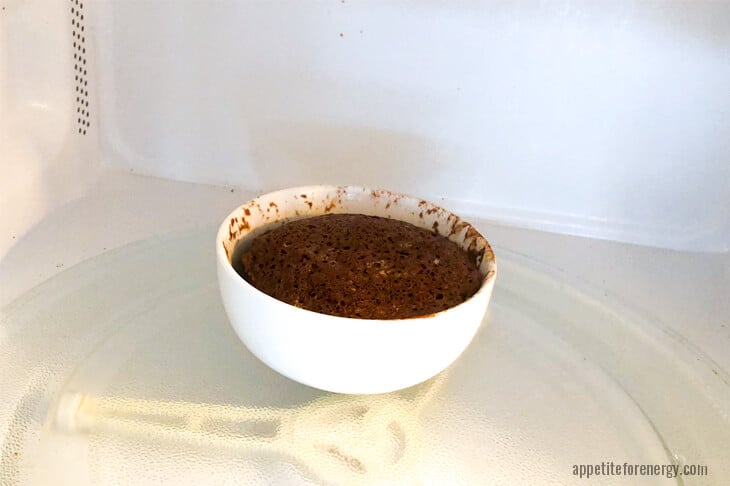 Keto chocolate mug cake after cooking in microwave
